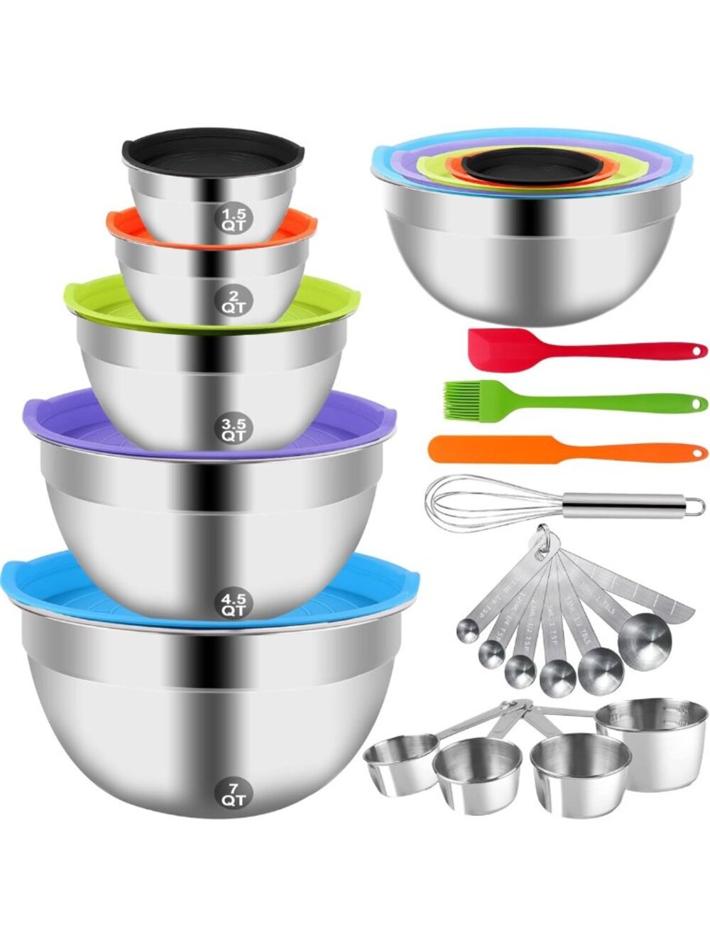 25PCS Stainless Steel Mixing Bowls Set with Lids, Measuring Cups & Utensils for